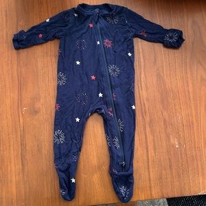 Kyte 0-3 zipper footie, navy blue with fireworks